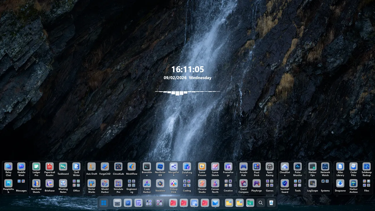 SnowDesktop showing organized collections, widgets, and a dock on a Windows desktop